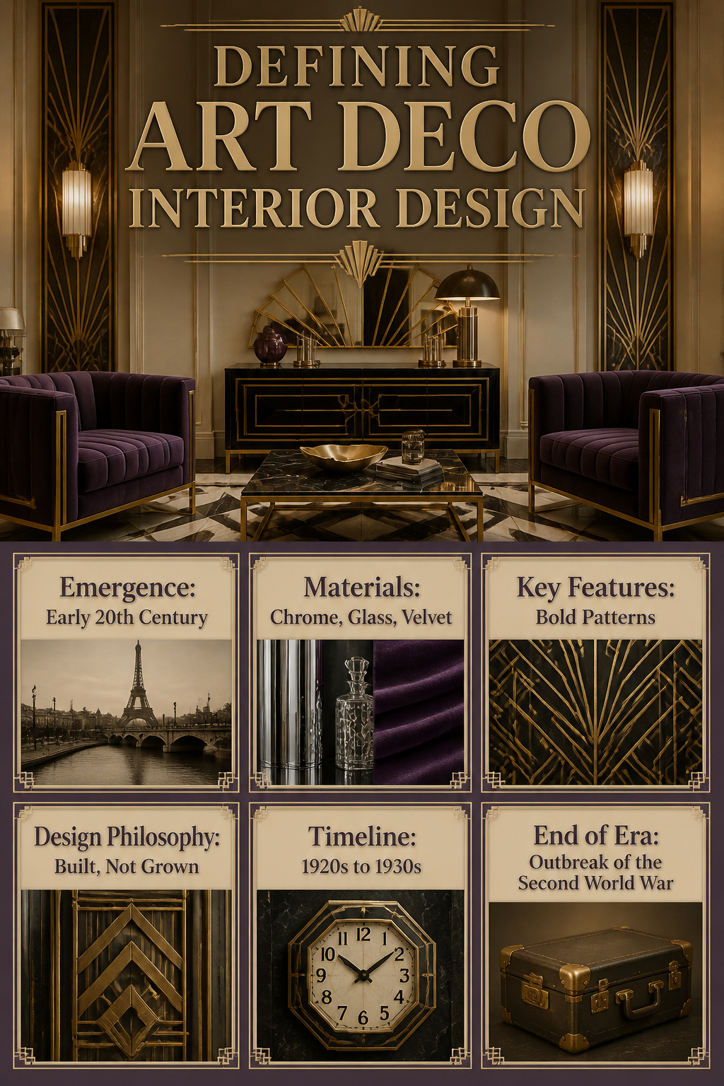 Art Deco Interior Design: Origins, Materials and 6 Defining Elements 1 Information image defining Art Deco interior design with geometric patterns.