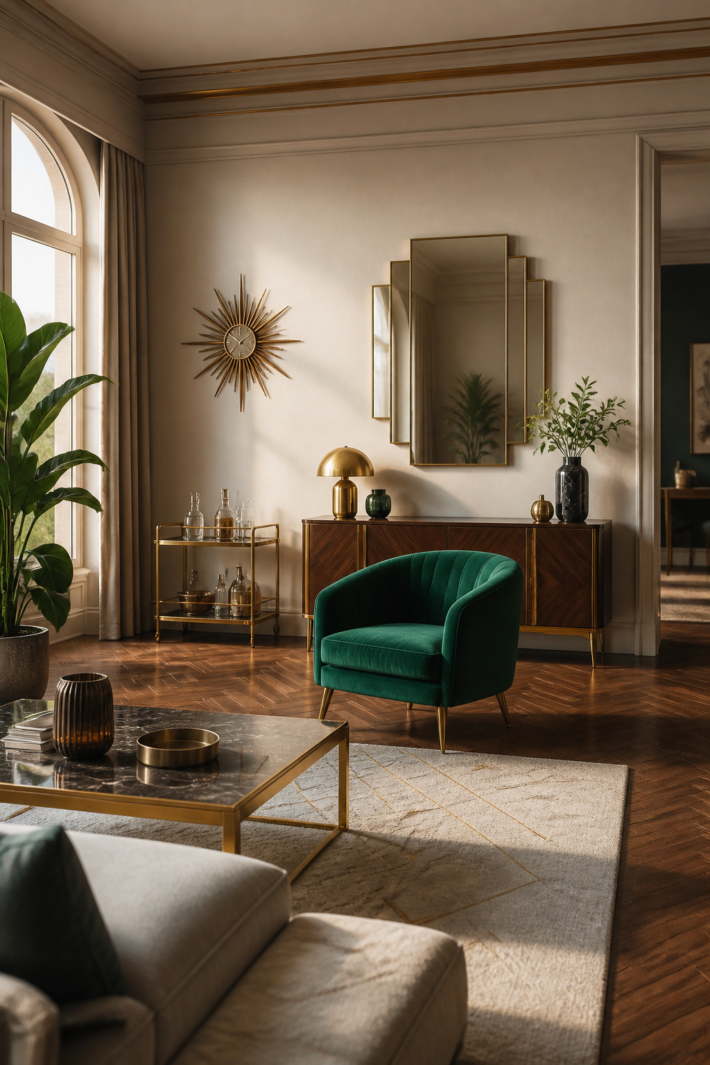 Art Deco Interior Design: Origins, Materials and 6 Defining Elements 10 Modern interior featuring Art Deco elements like a sunburst mirror.