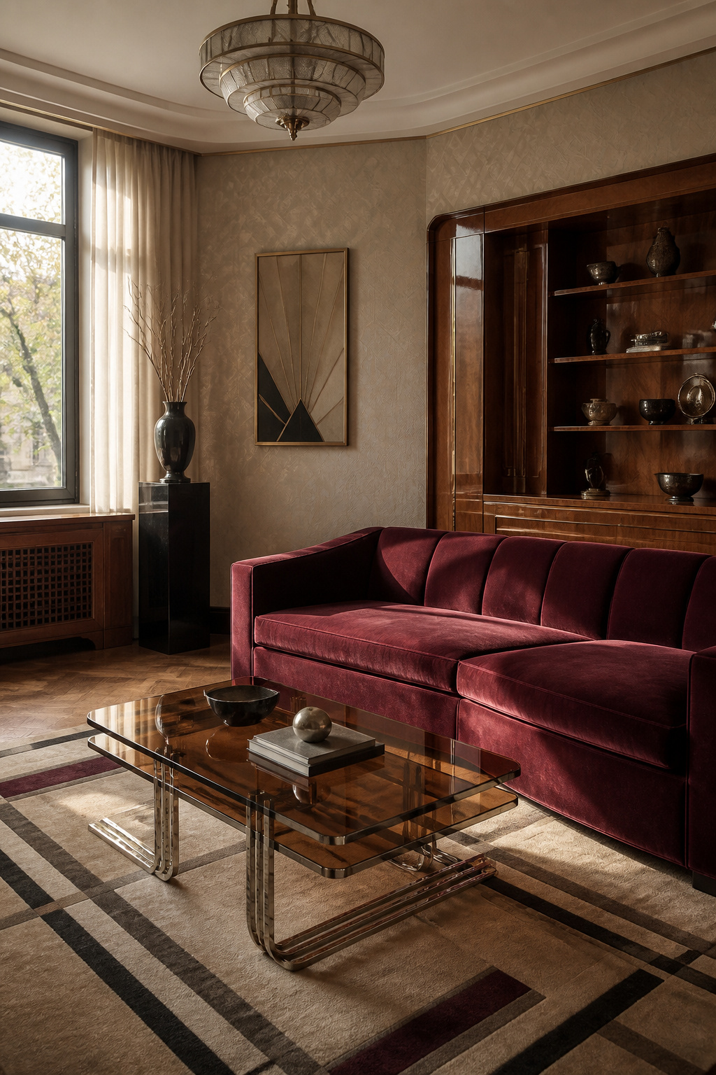 Art Deco Interior Design: Origins, Materials and 6 Defining Elements 2 Elegant living space with a low velvet sofa and geometric wallpaper.