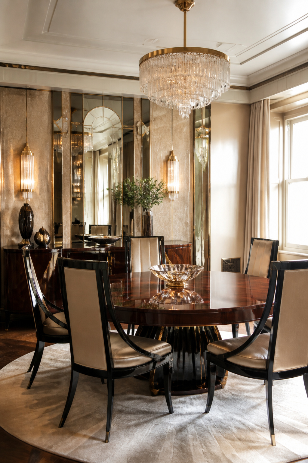 Art Deco Interior Design: Origins, Materials and 6 Defining Elements 4 Dining area with a round mahogany table and high-backed lacquered chairs.