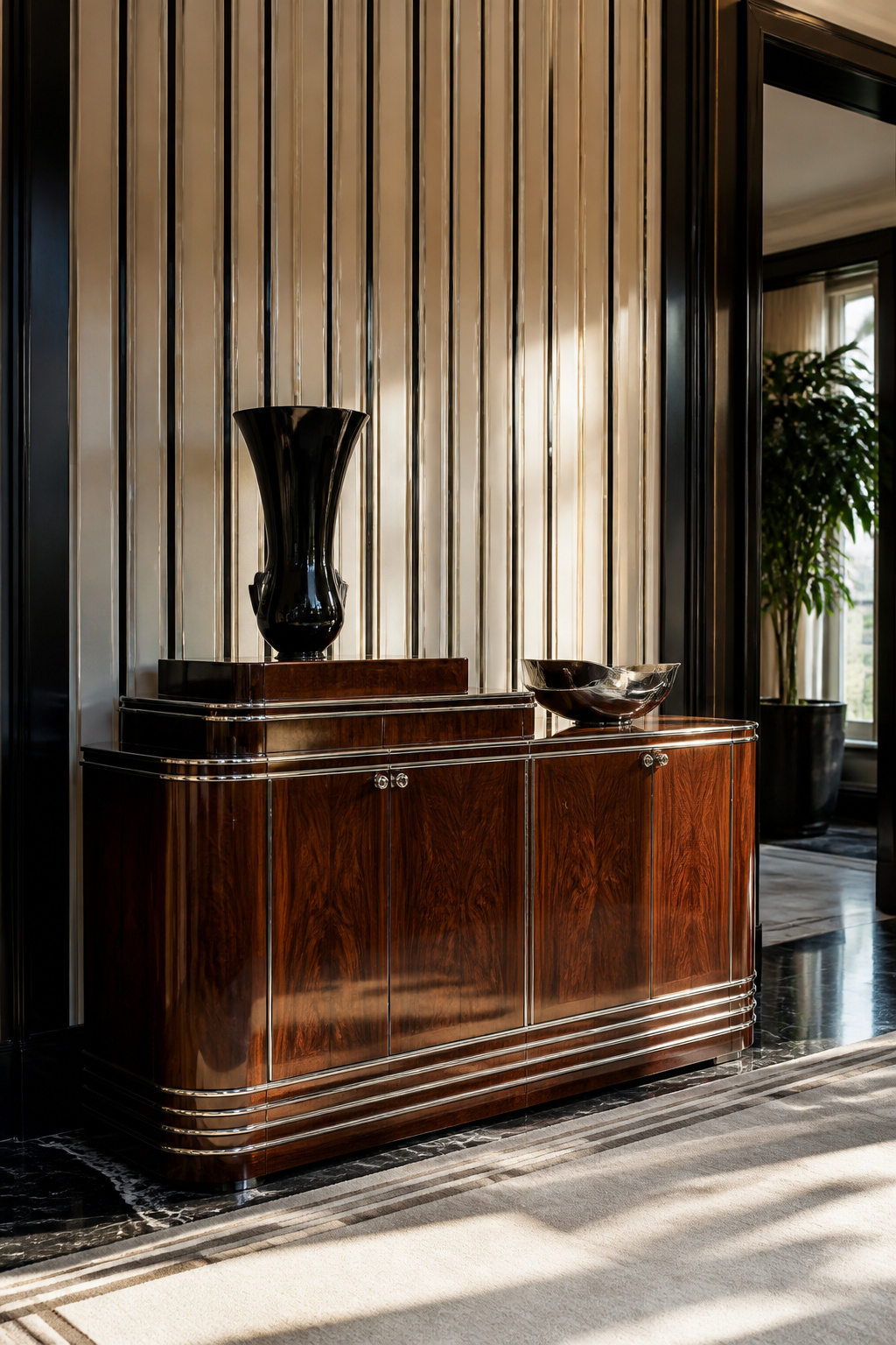 Art Deco Interior Design: Origins, Materials and 6 Defining Elements 6 Art Deco sideboard with symmetrical lines and chrome accents.