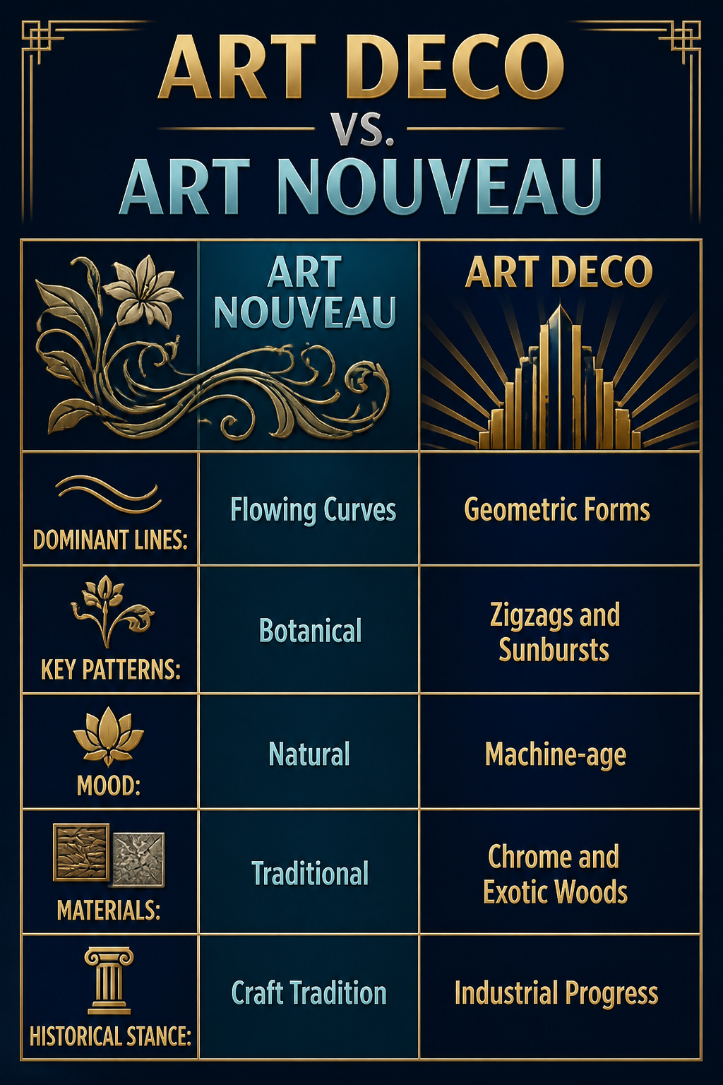 Art Deco Interior Design: Origins, Materials and 6 Defining Elements 8 Comparison of Art Deco and Art Nouveau styles with visual elements.