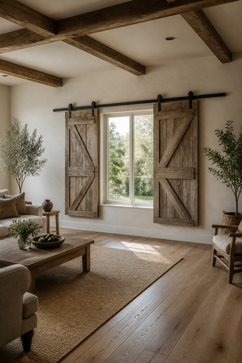 Weathered barn doors mounted beside windows as shutters.