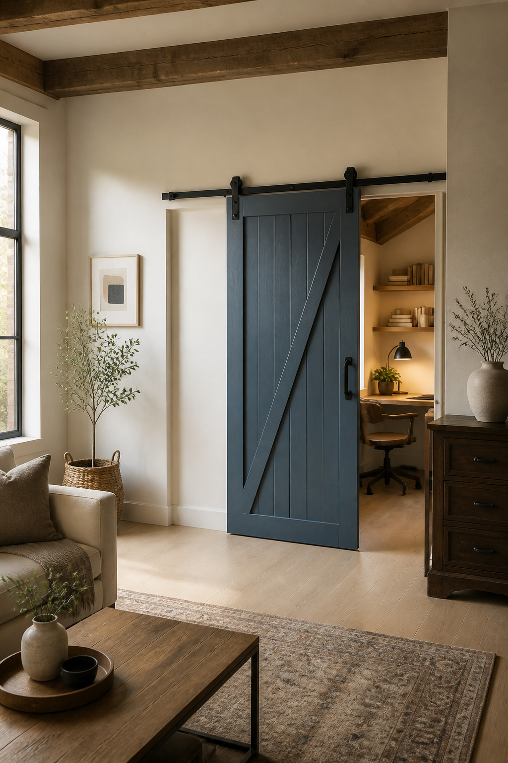 Barn door concealing an office space in a corner.
