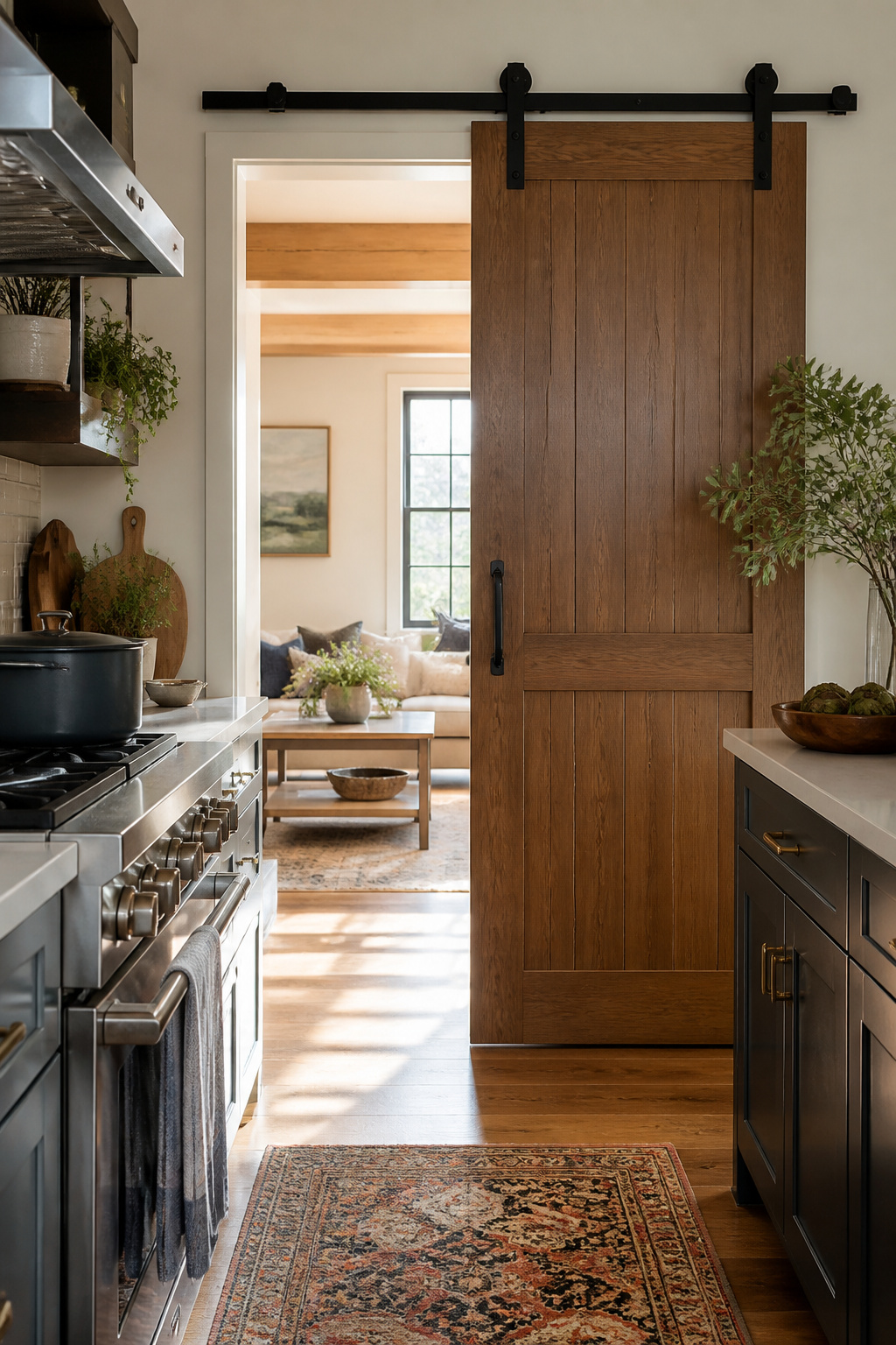 Barn door installed at the threshold of a kitchen.