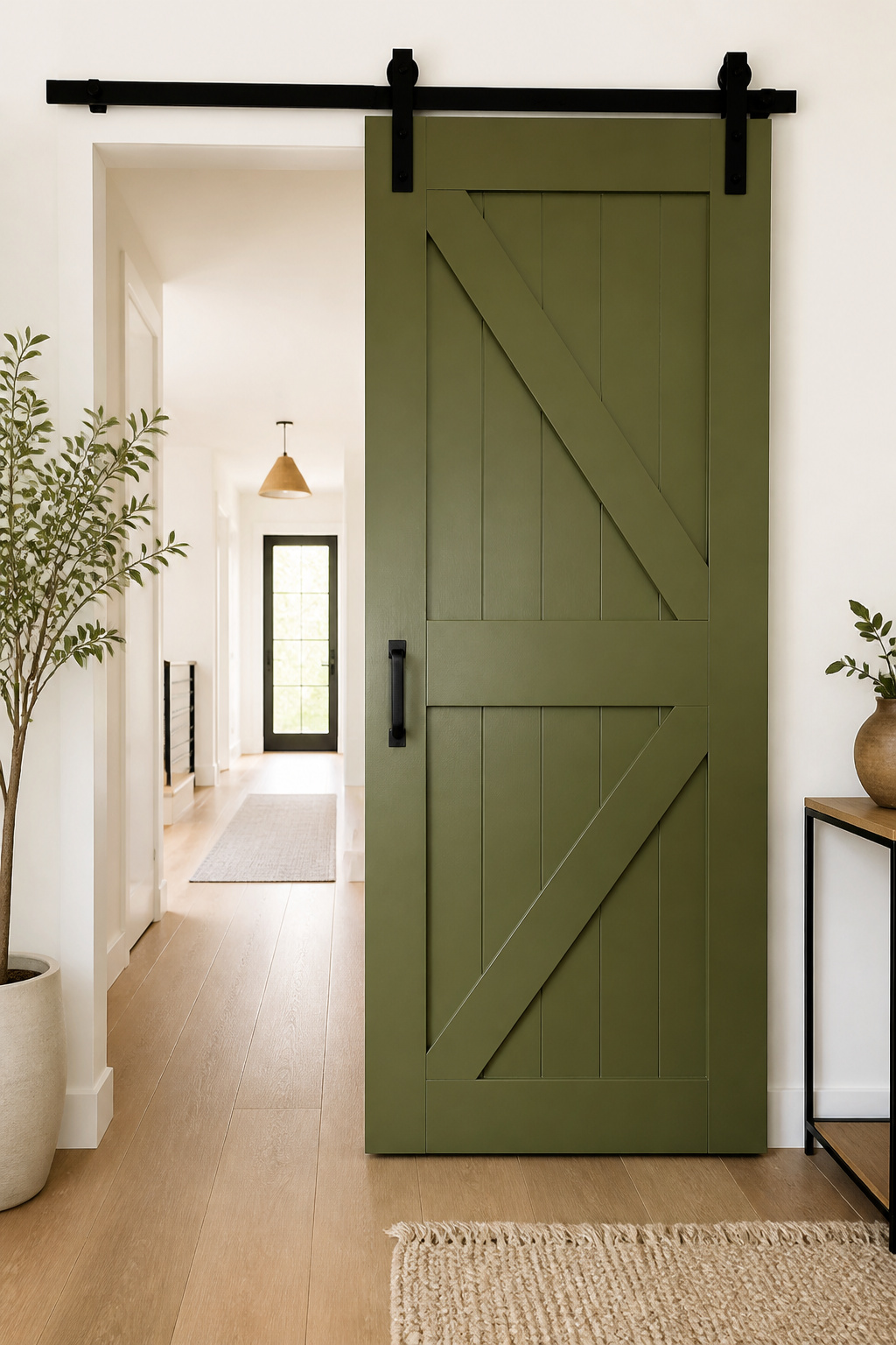 Single bright barn door installed in a hallway.