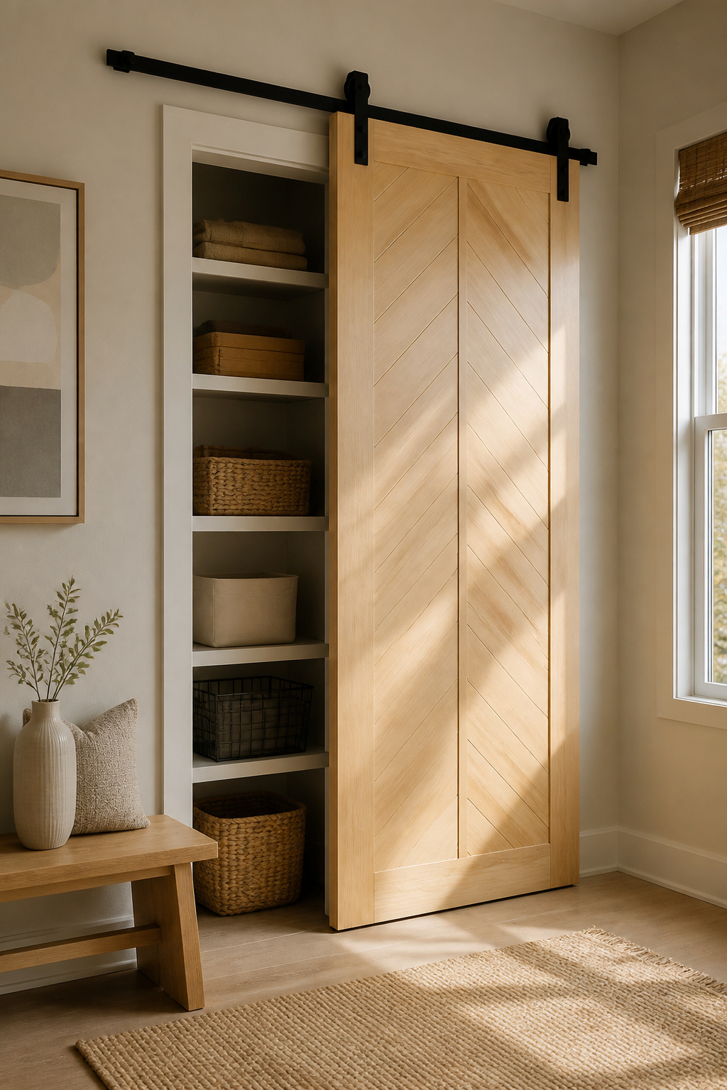 Barn door covering a closet in a cozy nook.