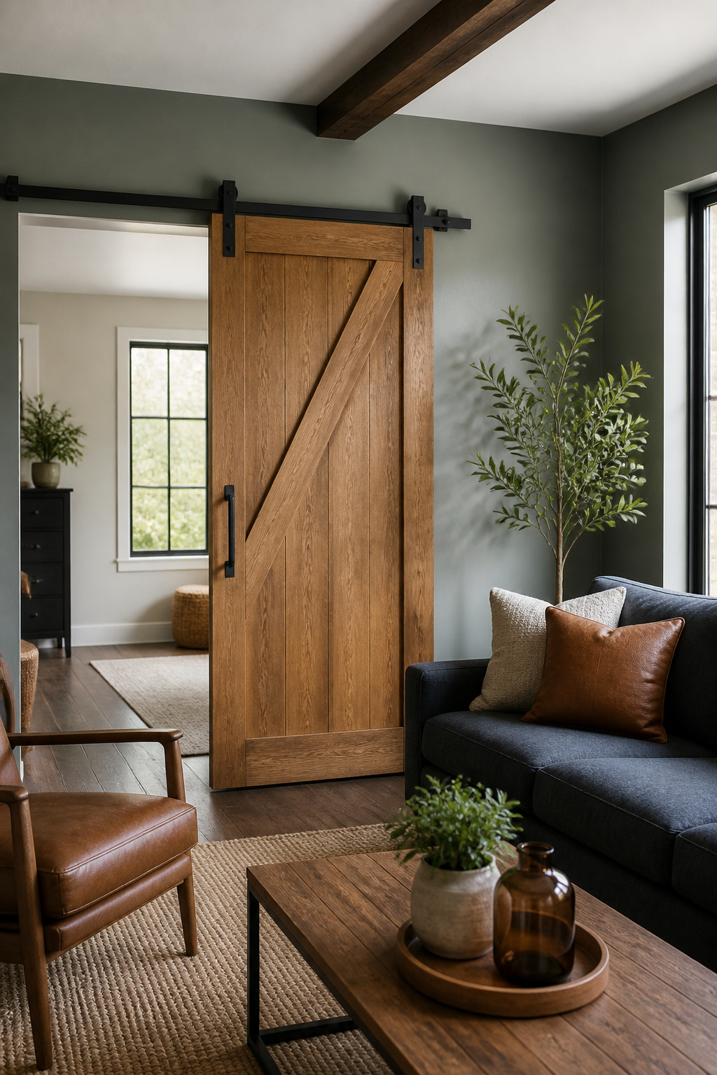 Beautifully crafted wood barn door in a living space.