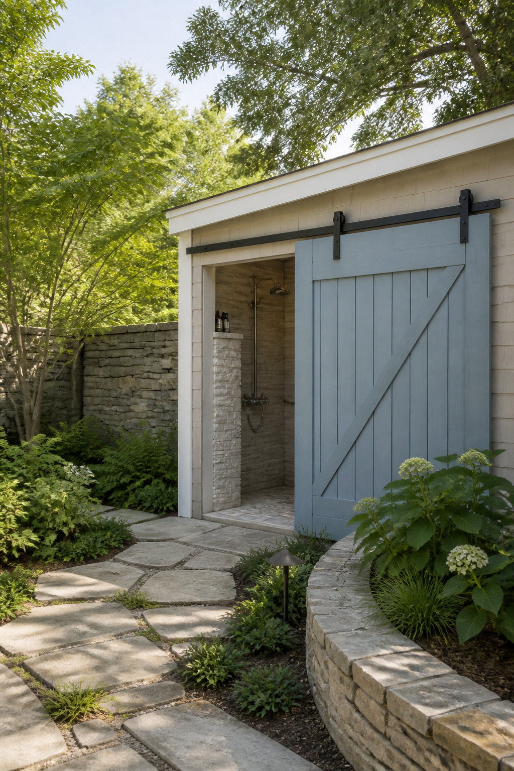 Barn door on a track serving as a privacy screen for a shower.