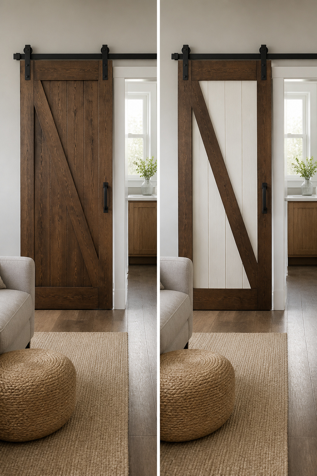 Barn door with different finishes on frame and panels.