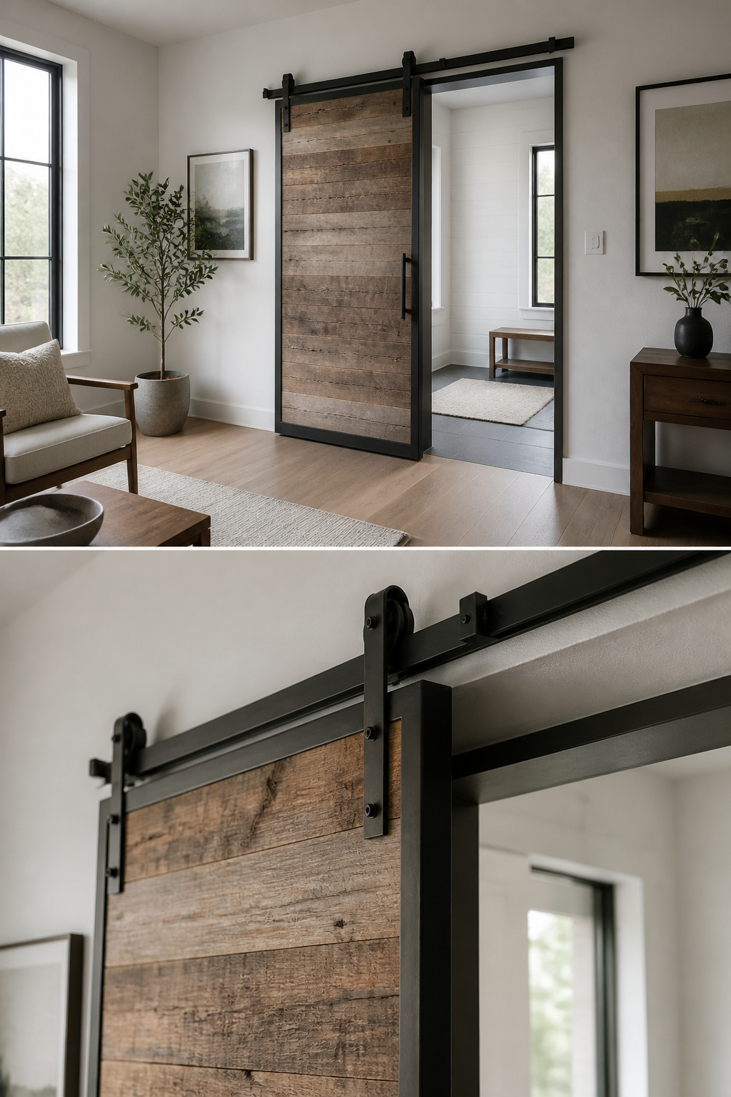 Barn door mounted outside a wall covering a pocket door opening.