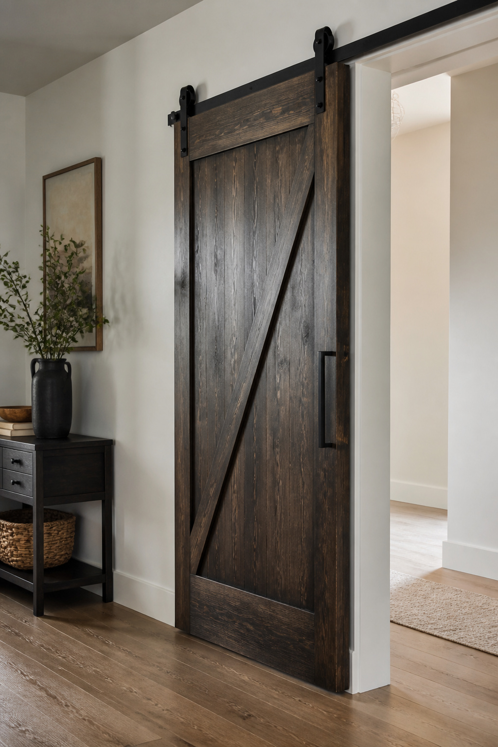 Dark-stained barn door against neutral walls.
