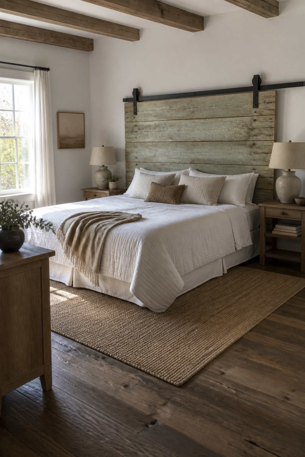 Barn door mounted horizontally as a headboard in a bedroom.