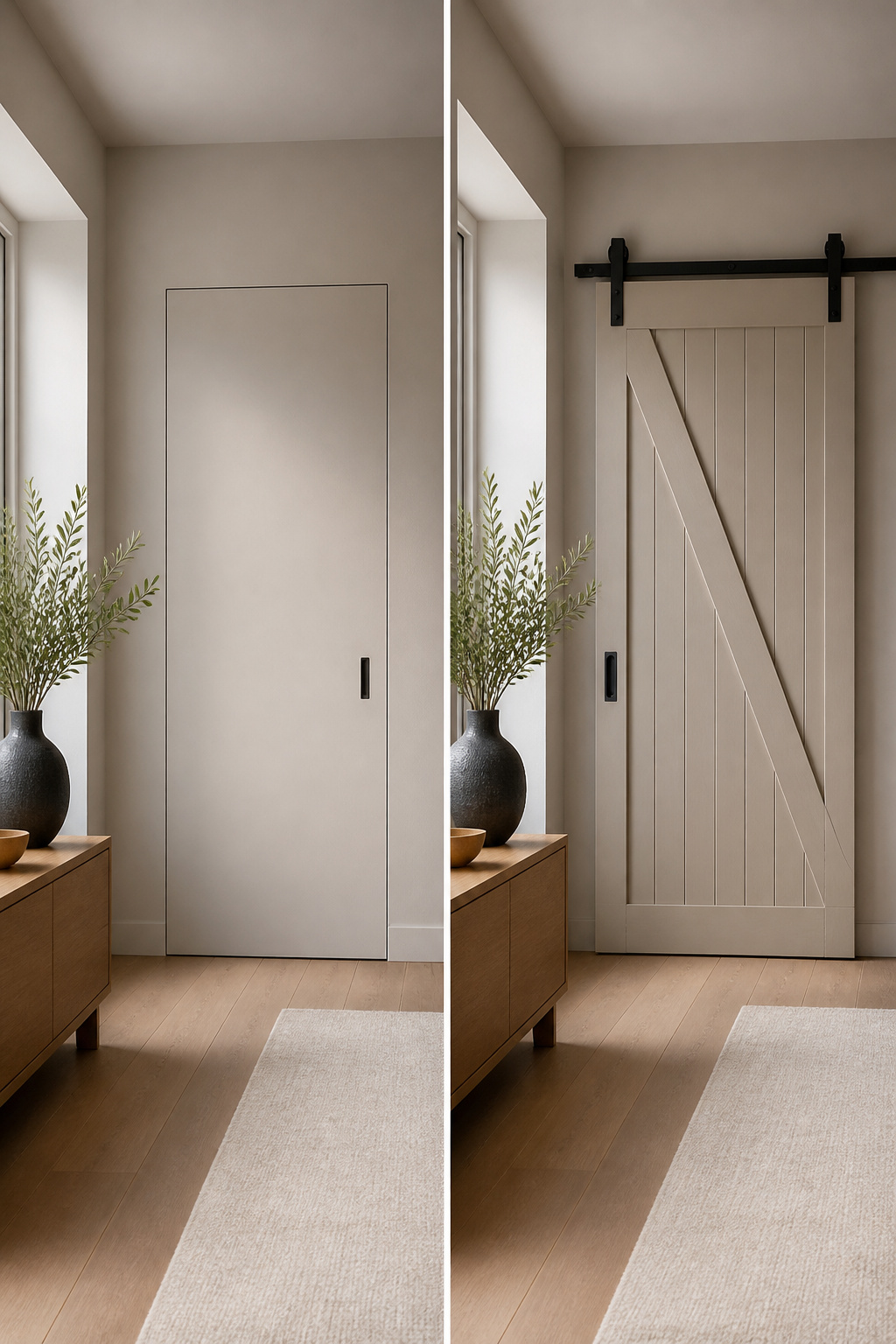 Barn door painted the same color as the surrounding wall.