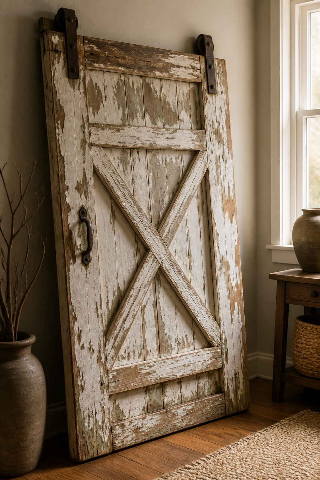 Salvaged door converted into a barn door.