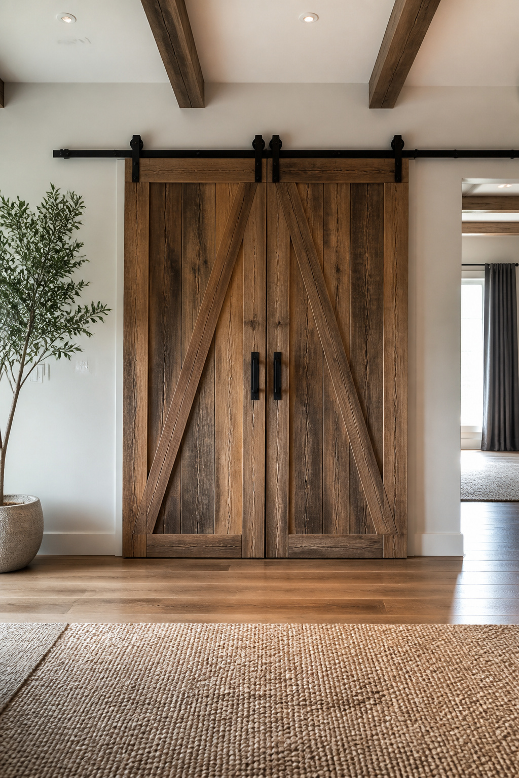 Two barn doors meeting in the center of a wide entry.
