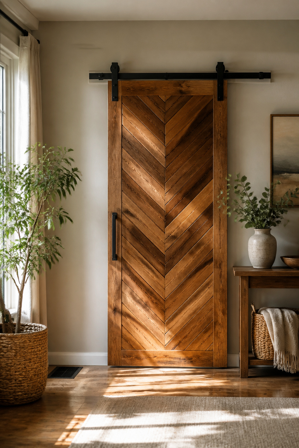 Barn door with a herringbone pattern mounted against a wall.