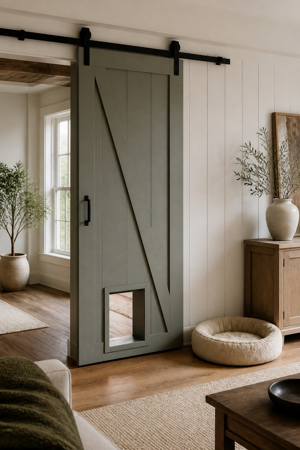 Barn door designed with a pet passage opening.