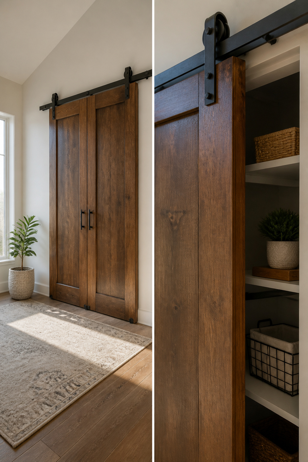 Bifold doors repurposed into sliding barn doors.