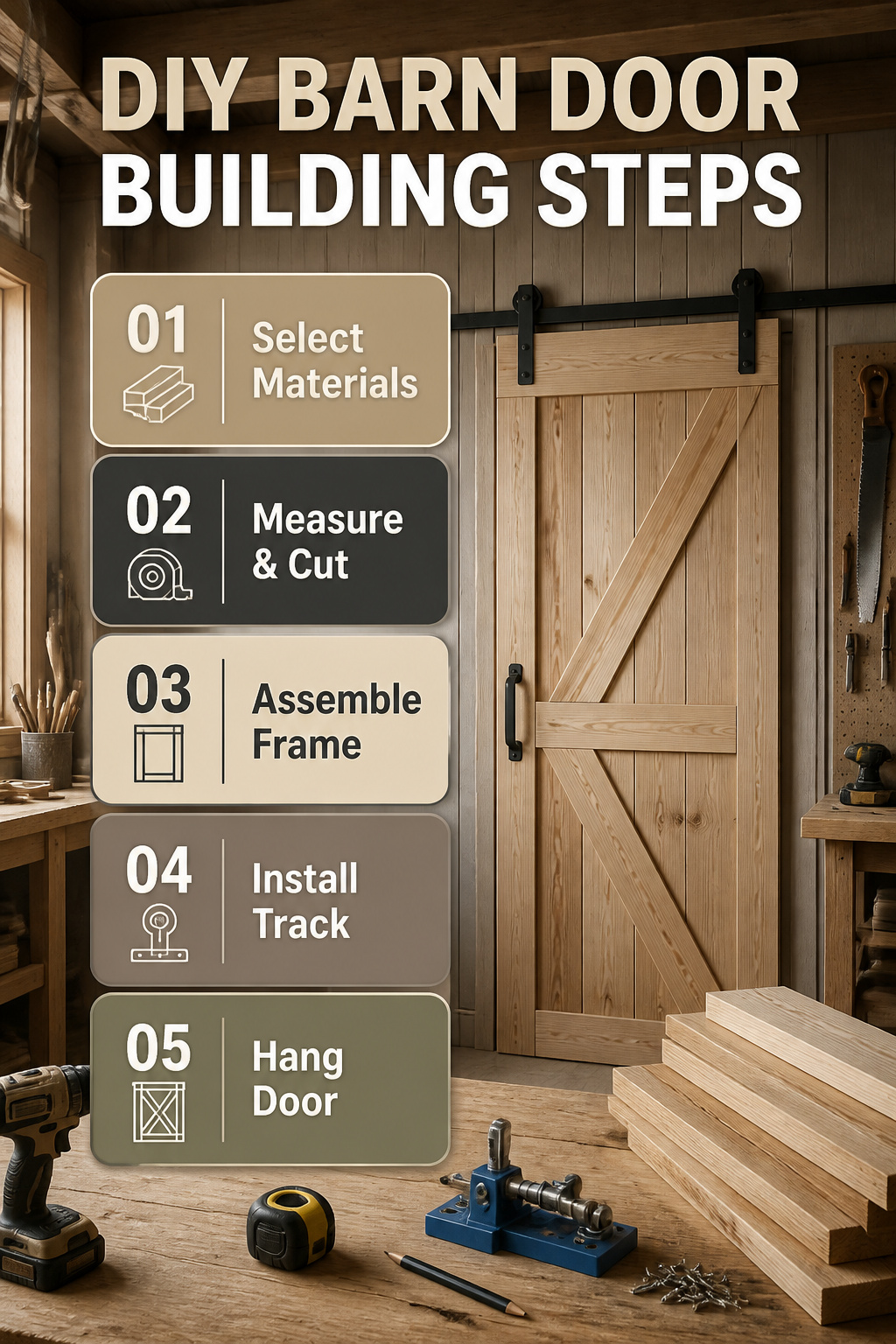 Steps for constructing a barn door from scratch.