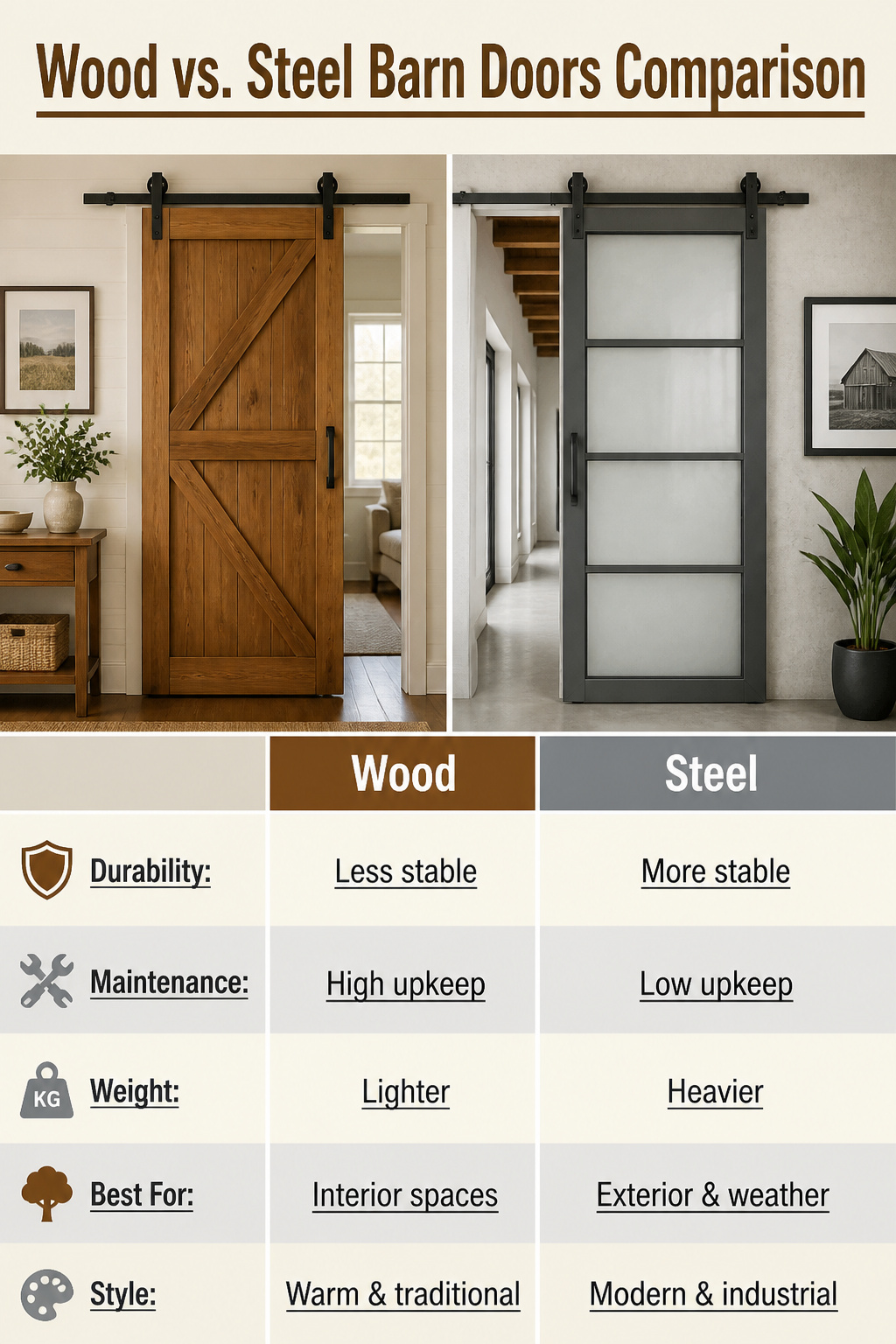 Comparison of wood and steel barn doors.
