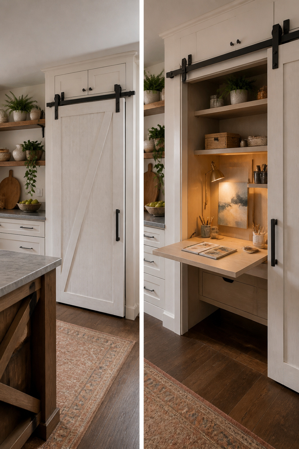 Barn door on an exposed track revealing a fold-down desk.