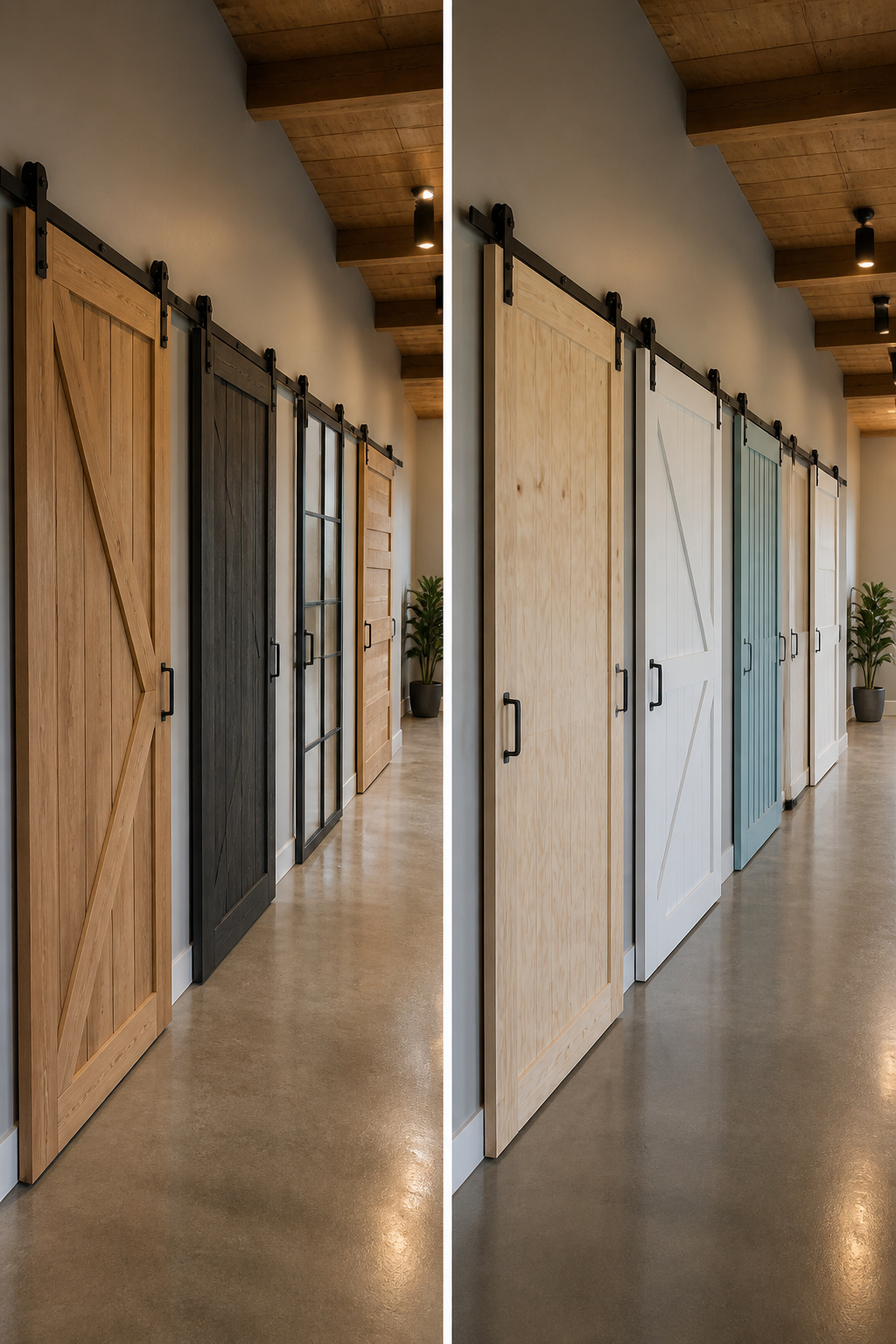 Various barn door designs mounted with consistent hardware.