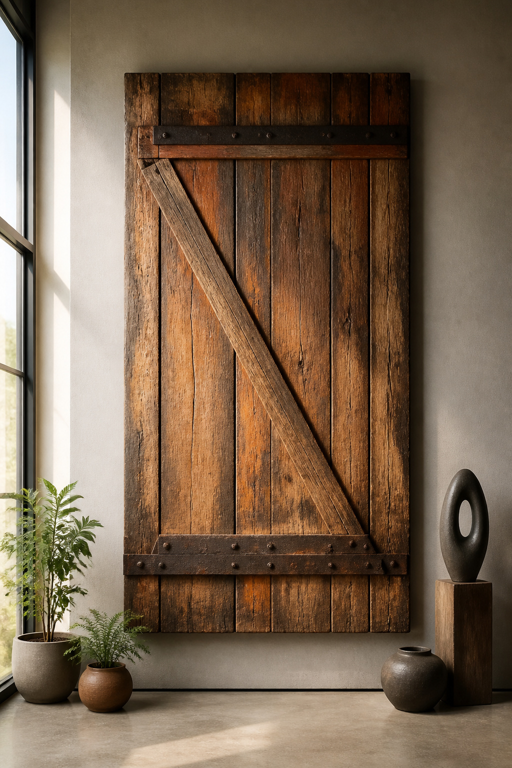 Barn door displayed as a sculpture mounted flat against a wall.