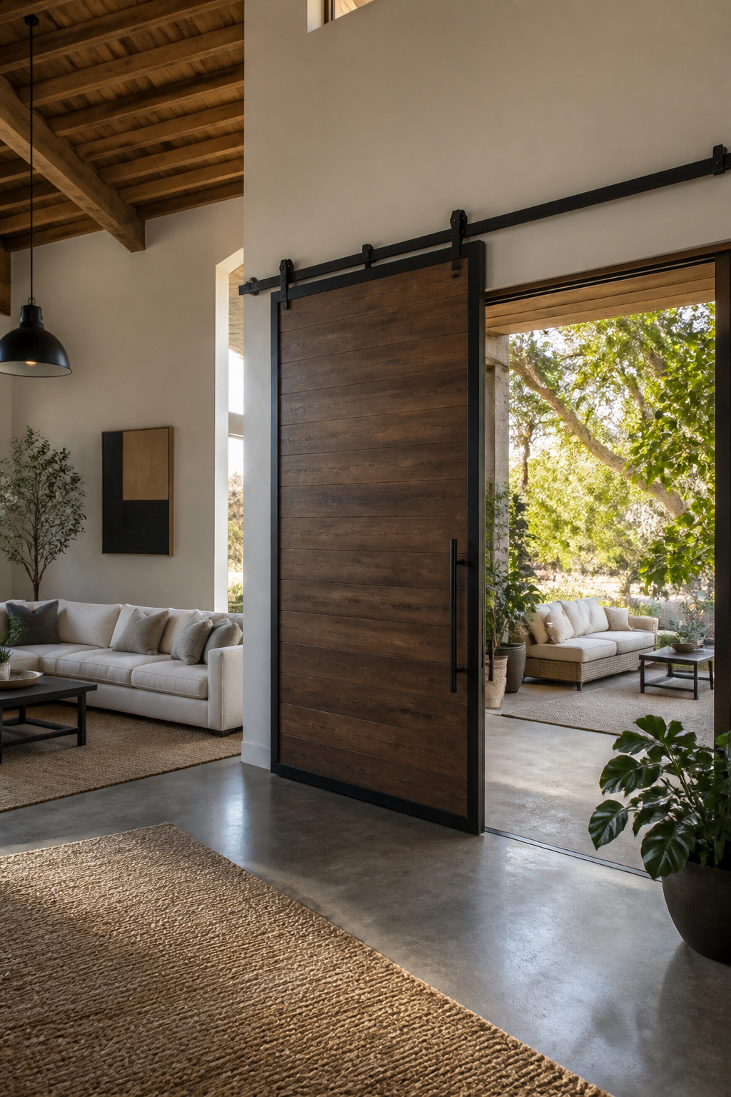 Twelve-foot barn door framed in steel leading to an outdoor patio.