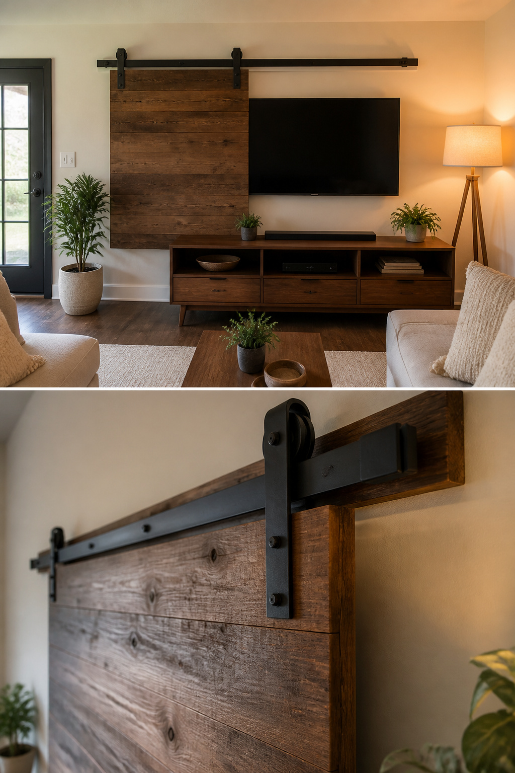 Barn door sliding past a wall-mounted TV for concealment.