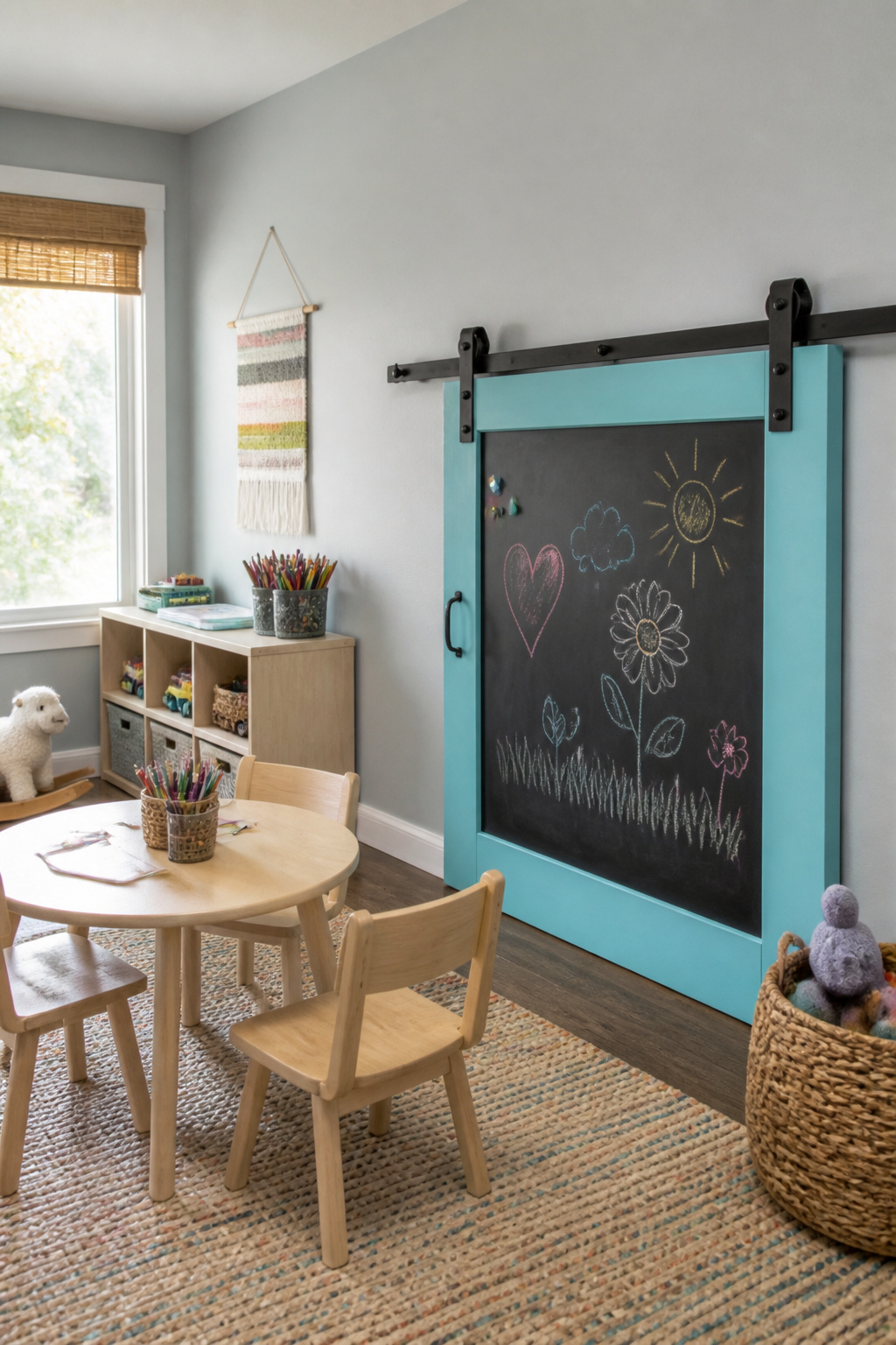 Barn door painted as a chalkboard in a playroom.
