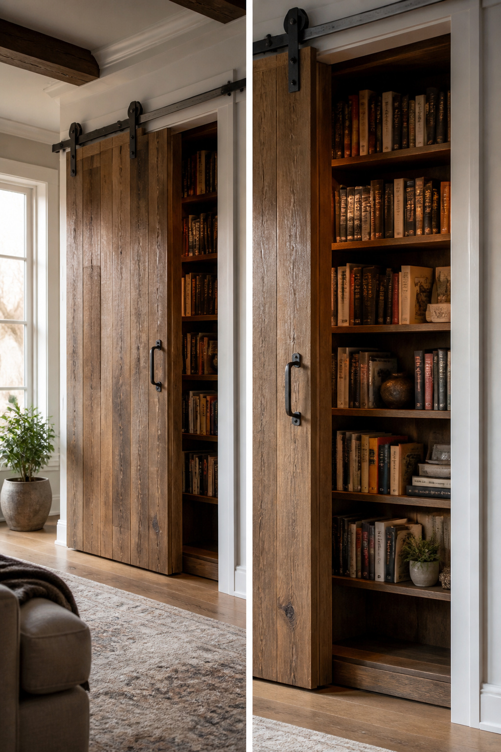 Single barn door sliding to reveal shelves filled with books.