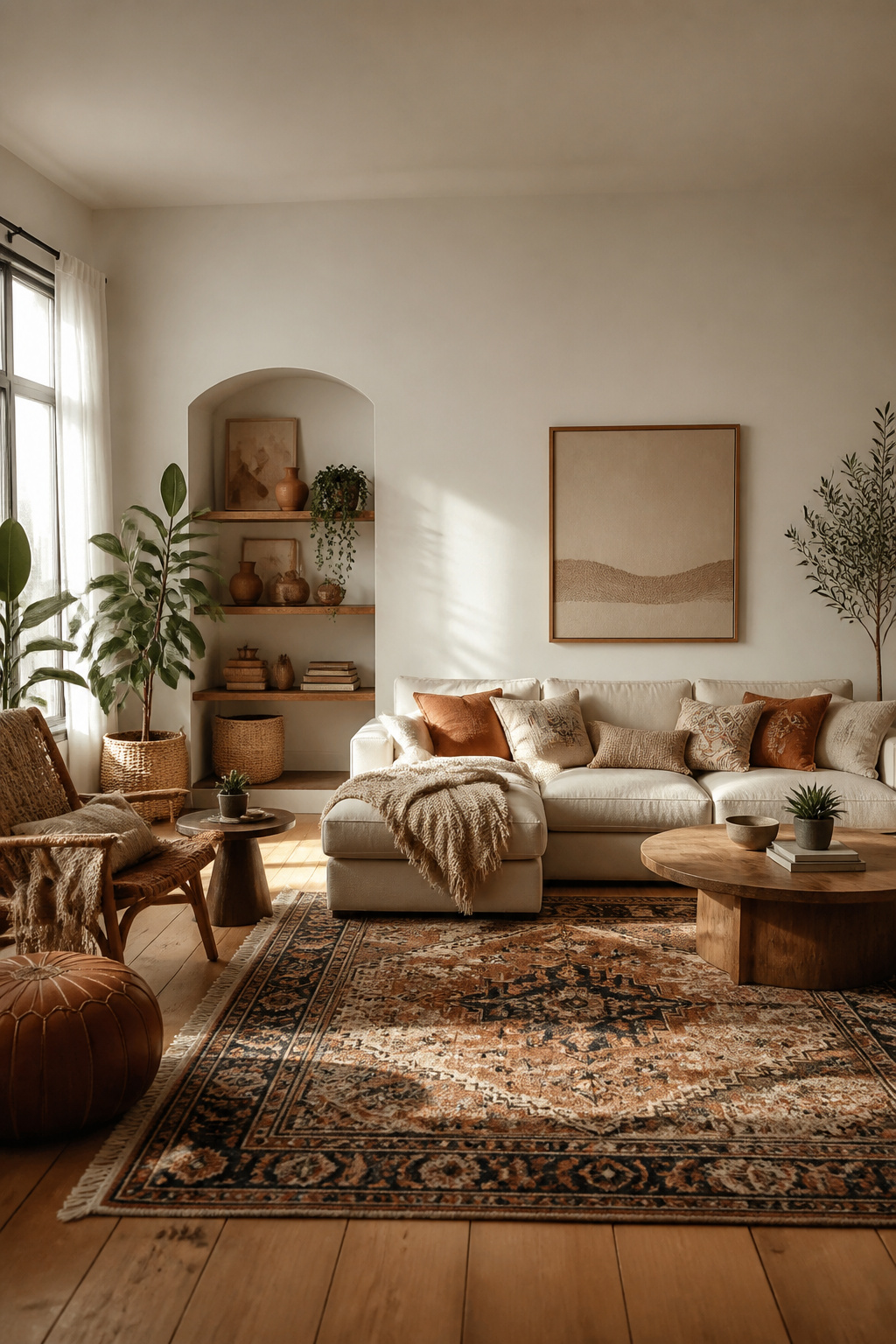 A living room with warm white walls and neutral furnishings.