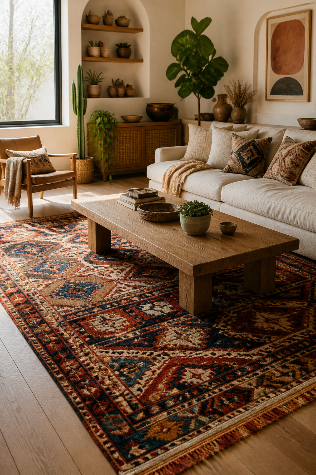 A vintage Moroccan rug under a coffee table in a living area.