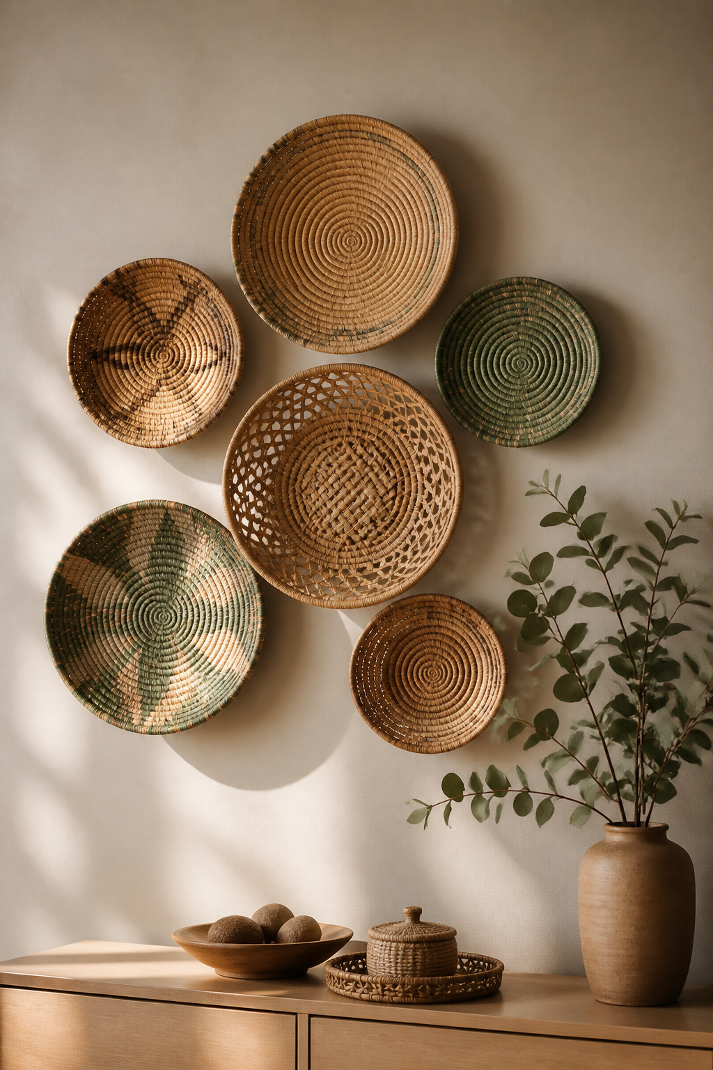 A cluster of woven baskets displayed on a wall.