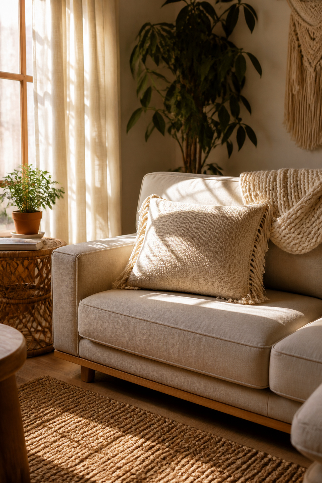 A throw pillow with fringe details on a sofa.