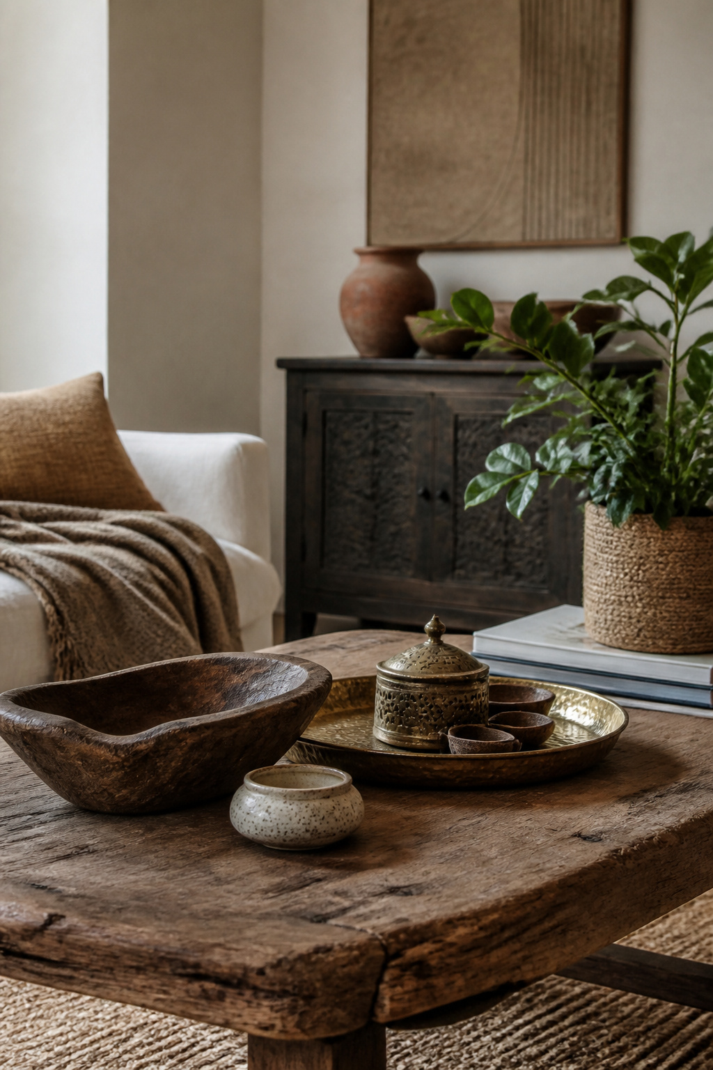 A rustic coffee table displaying various global accessories.