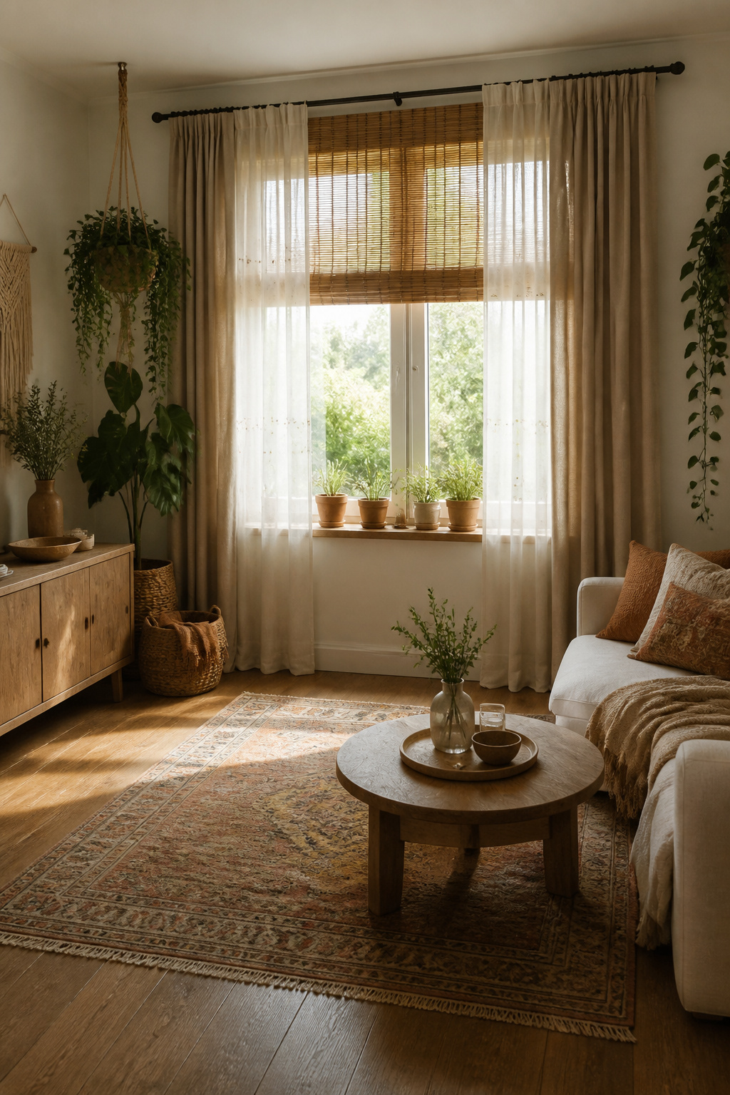 Three layers of window treatments in a bright room.