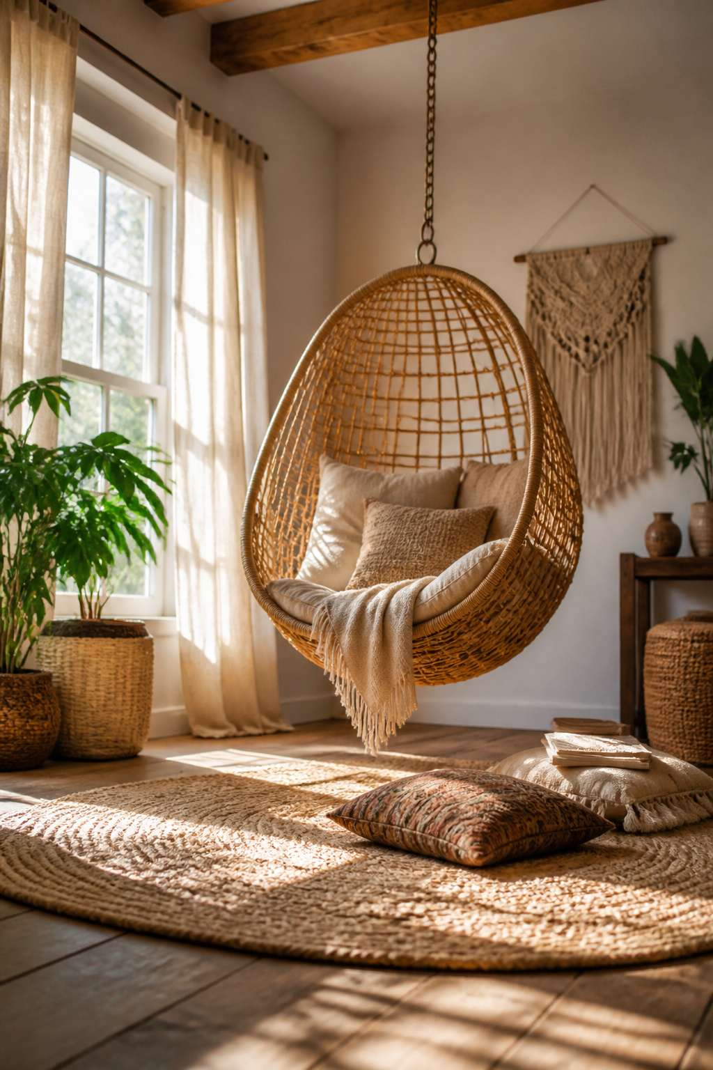 A suspended rattan chair in a cozy corner.