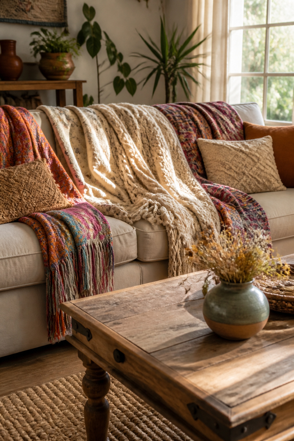 A stack of colorful throw blankets on a neutral sofa.
