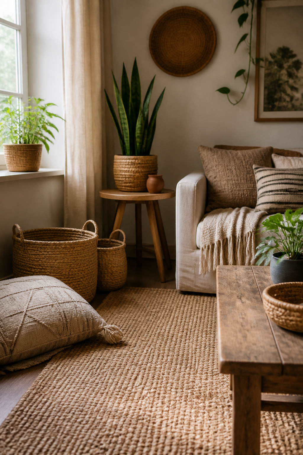 A jute rug and seagrass baskets in a curated space.