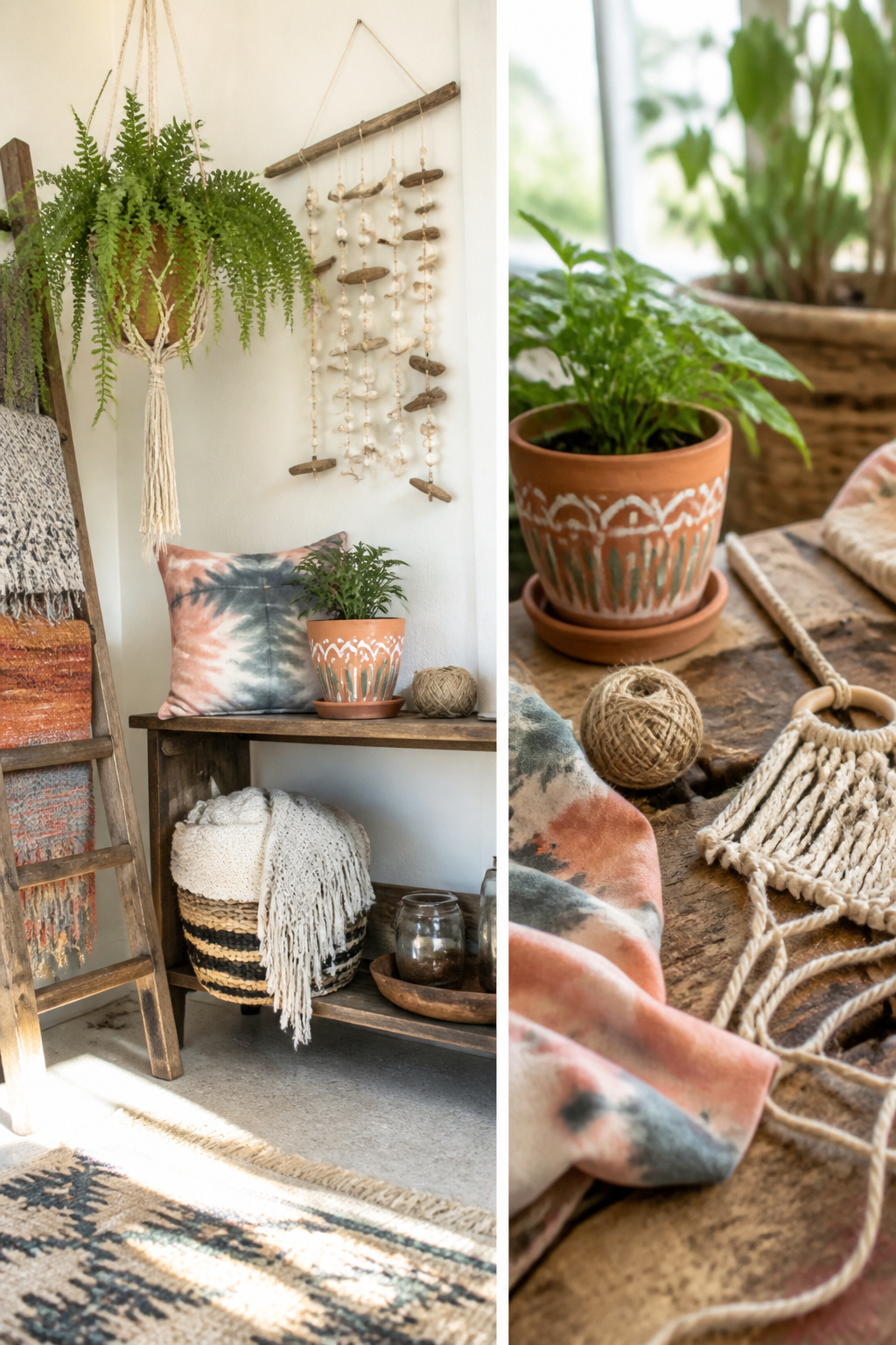 Handmade macramé plant hangers and painted pots.