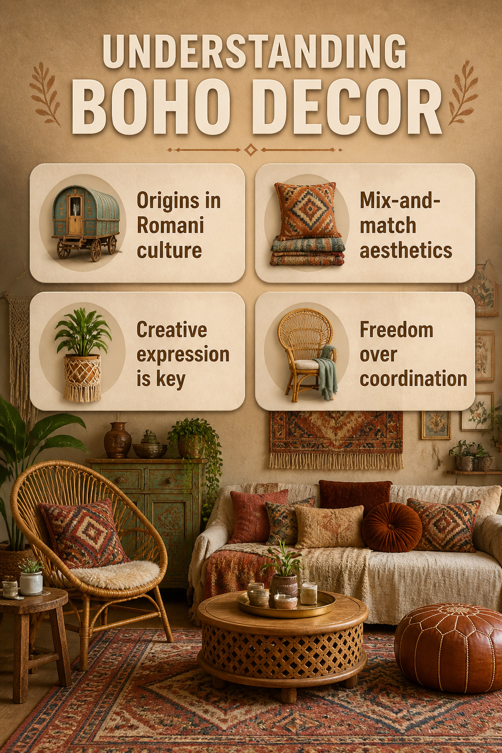 An informative image about the essence of boho decor.