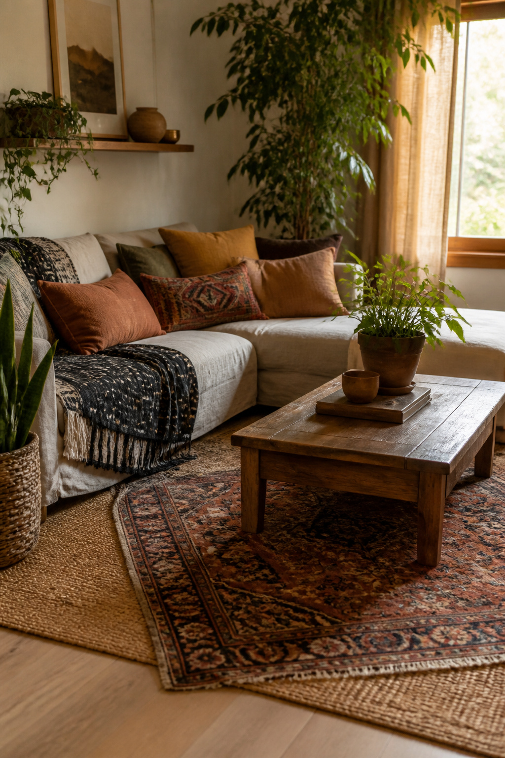 A living room corner featuring layered rugs and cushions.