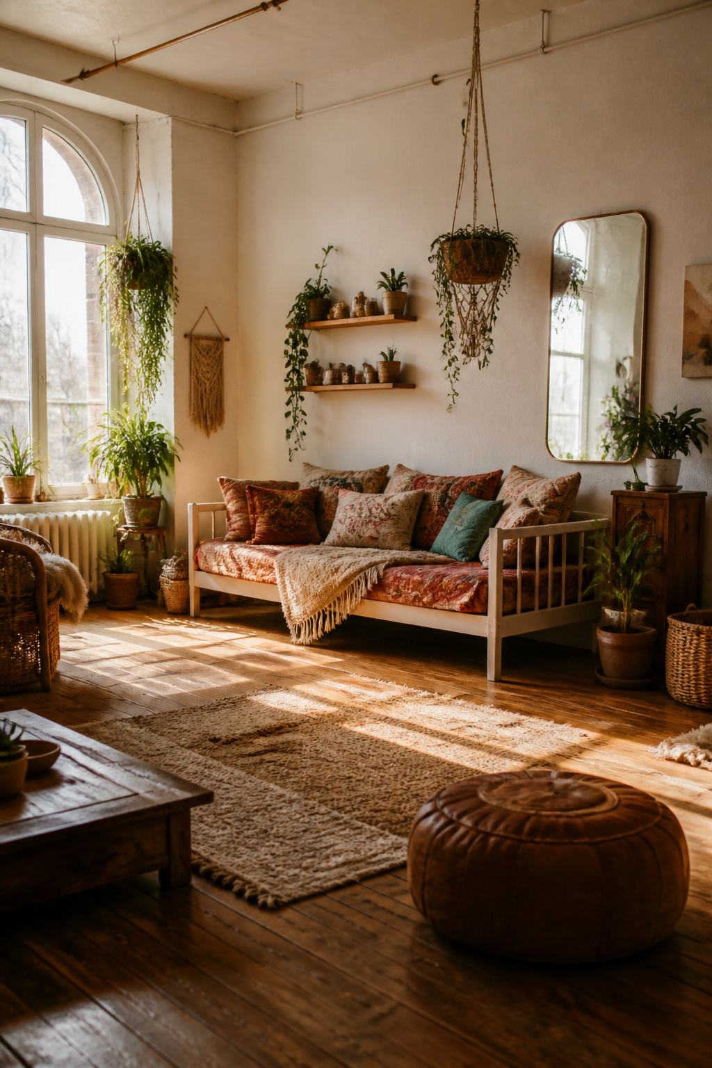 A low daybed serving as a sofa and guest bed.