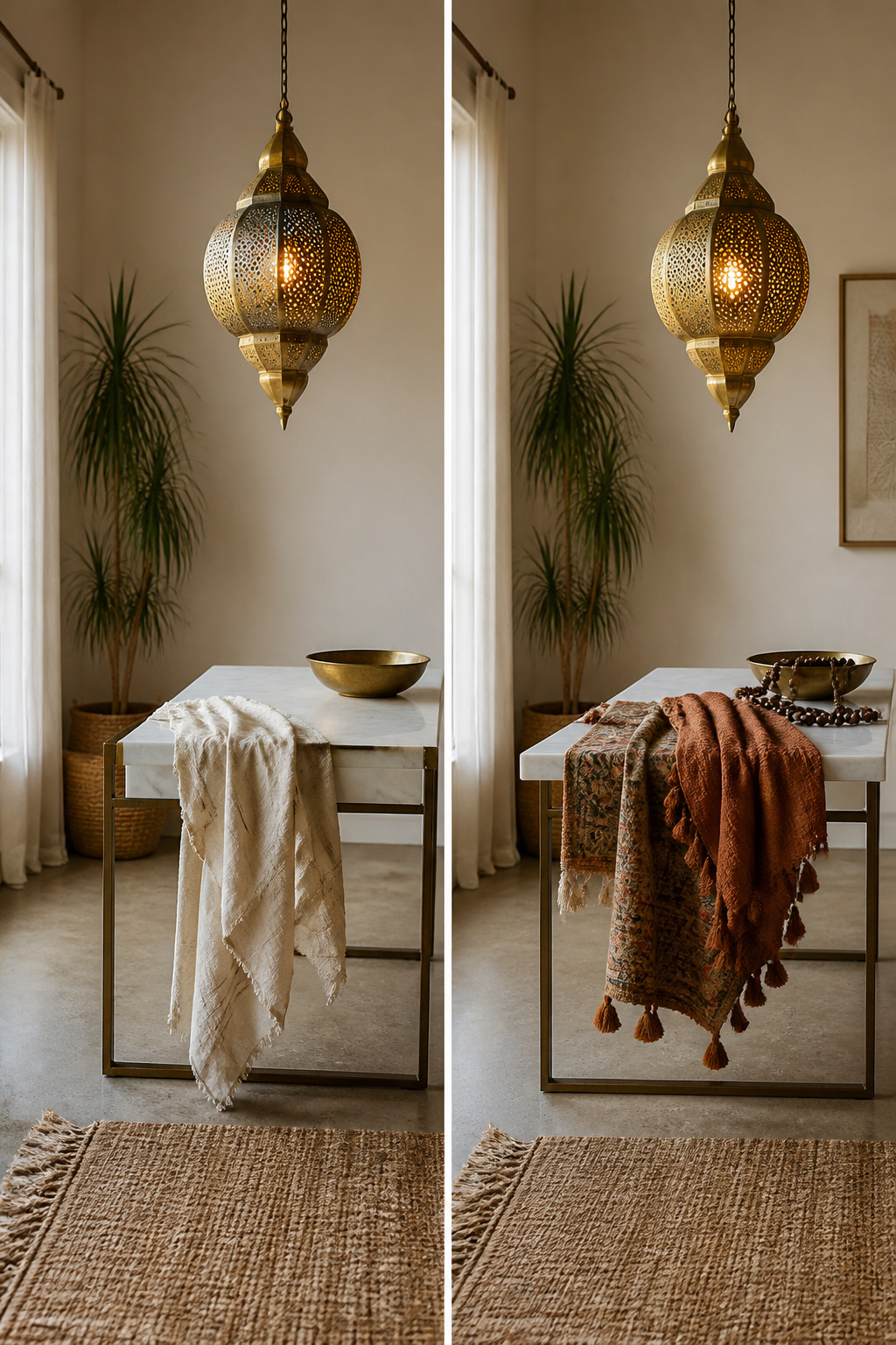 A modern table paired with boho decor elements.