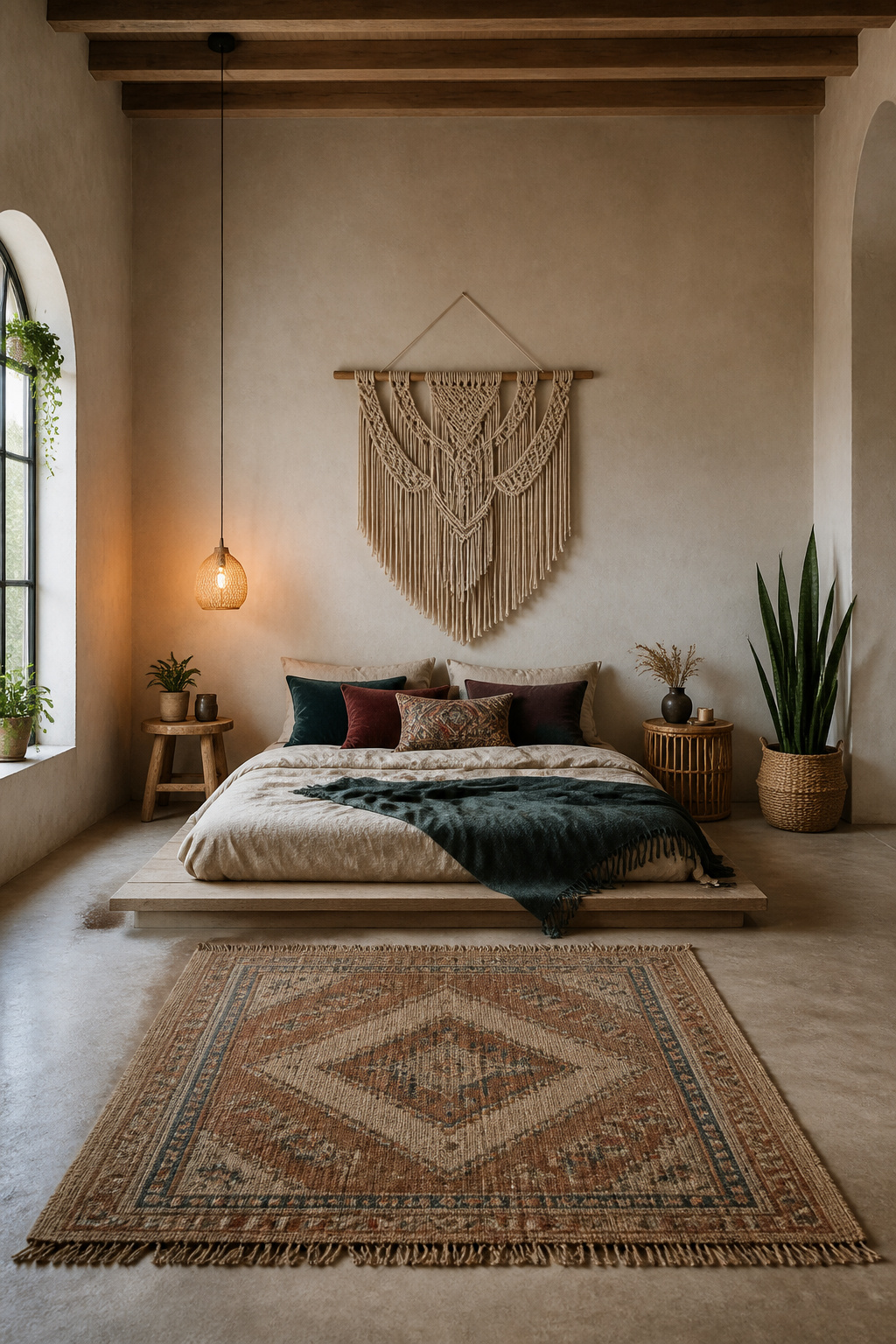 A low platform bed with layered bedding in a bedroom.