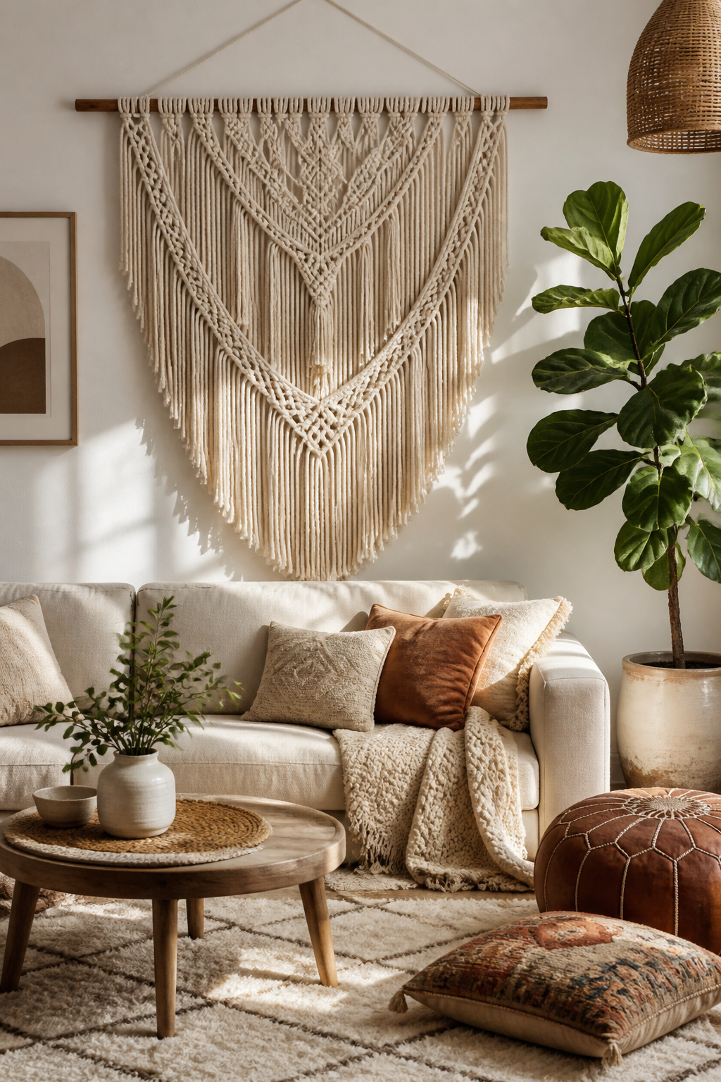 A macramé wall hanging displayed above a couch.