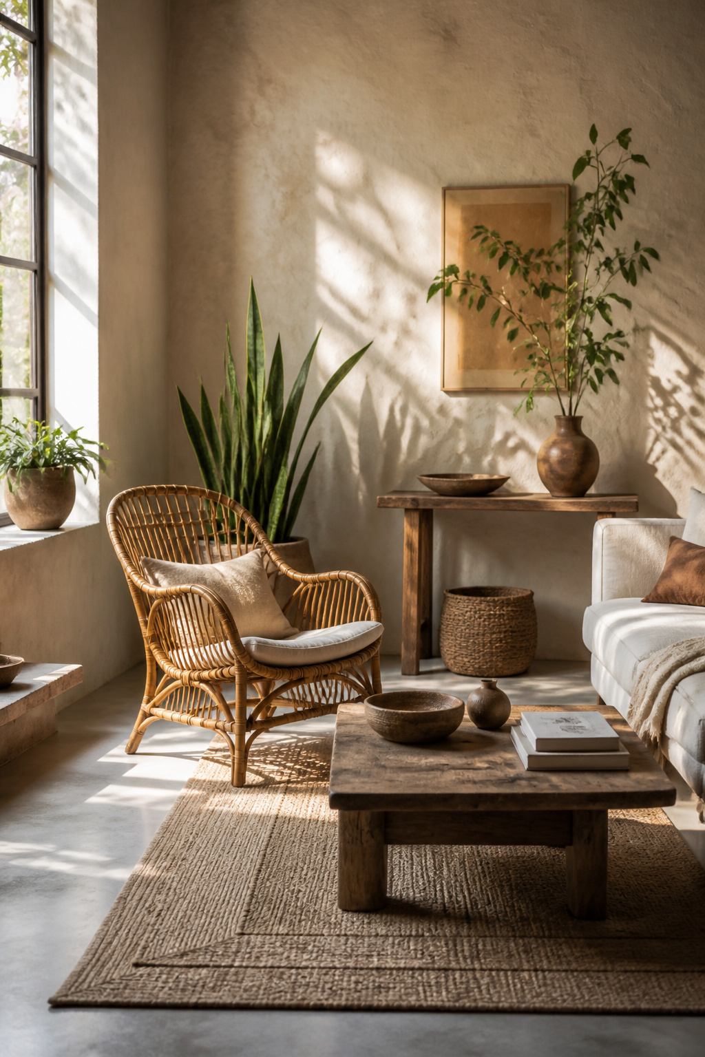 A rattan chair and side table in a cozy living area.
