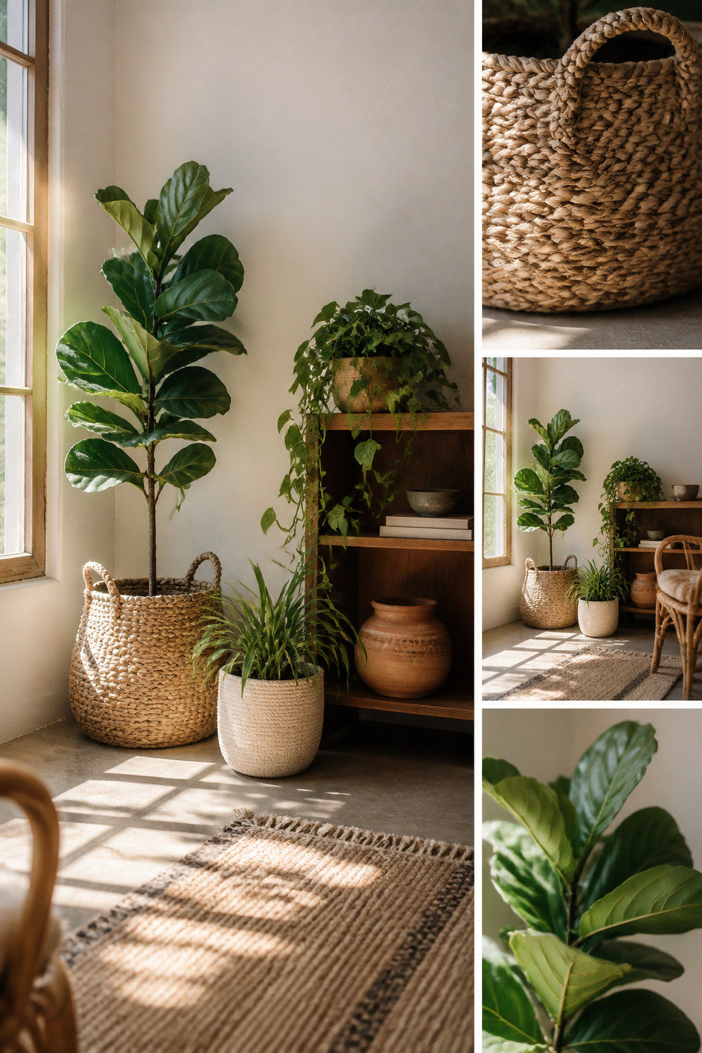 Indoor plants, including a fiddle-leaf fig and snake plants.